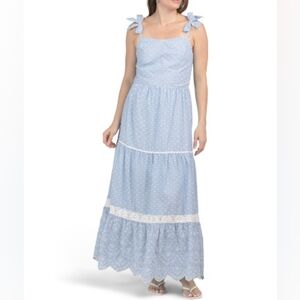 Shabby Chic Blue Eyelet Smocked Lace Trim 100% cotton Sleeveless Maxi Dress Sz6